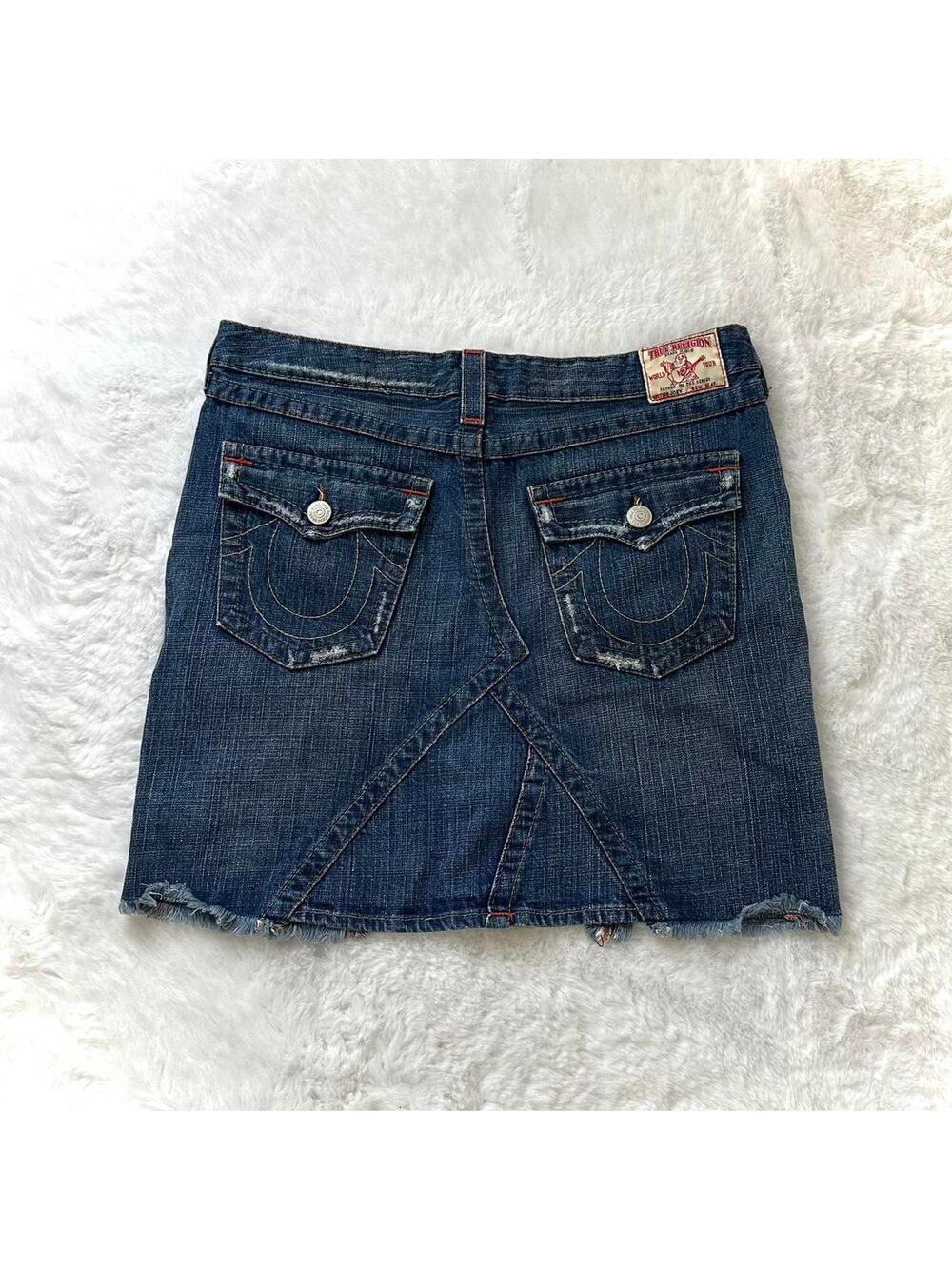 True Religion Joey Denim Mini Skirt Y2K Distressed Flap Pockets (Size Tag Cut)